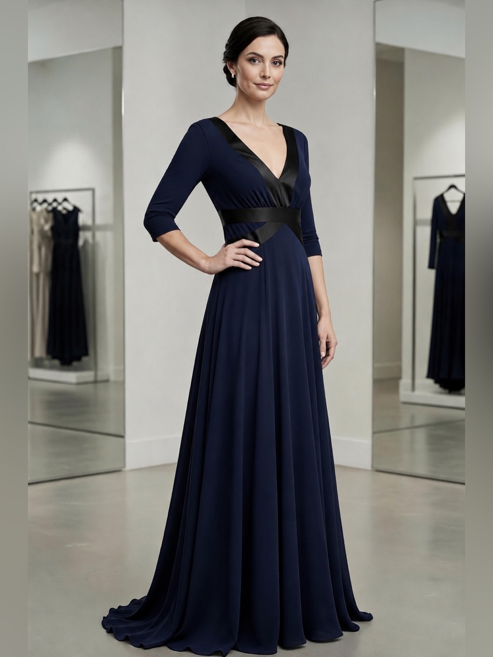 Kay Unger Navy Blue Flowy V Back Jersey Gown Black Trim Maxi Dress Gown Sz 6